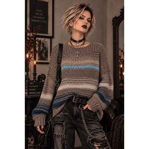 Free People Chunky Knit Cotton Striped Oversized Sweater Brown Blue XS/S EUC